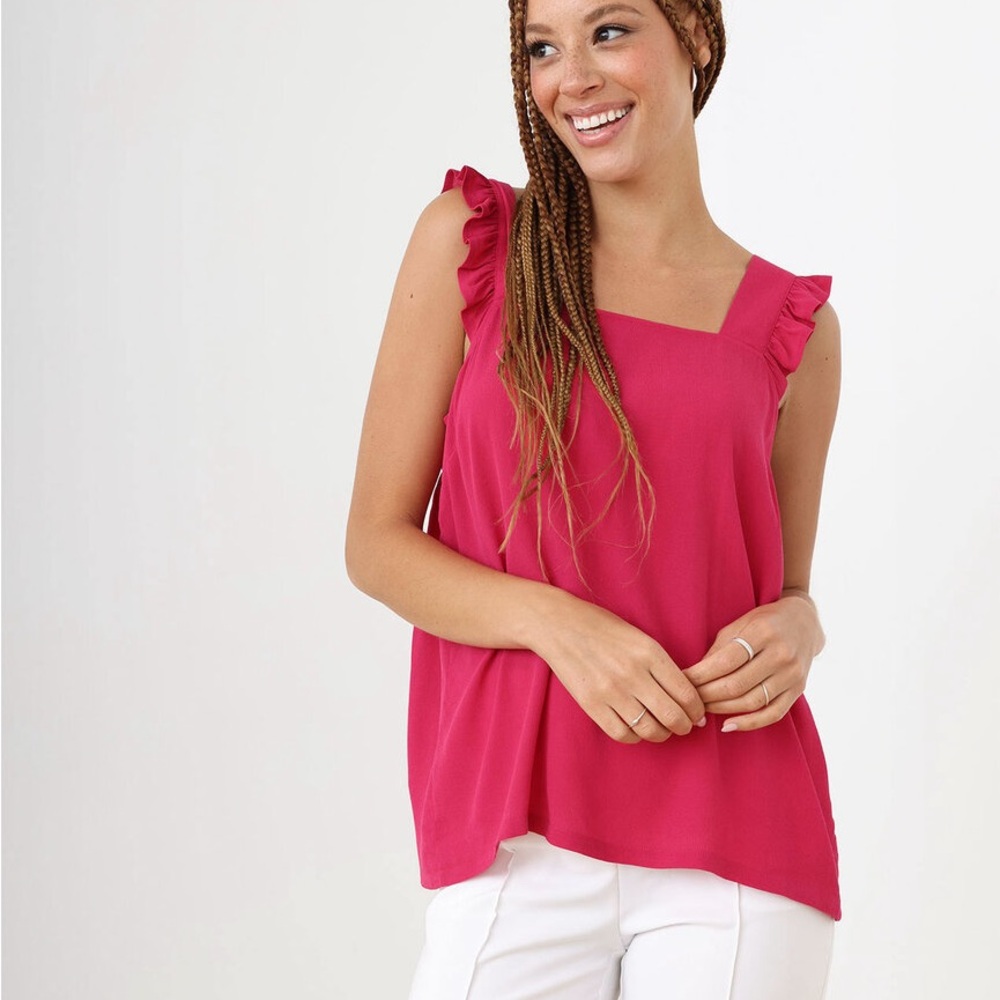◾️3/$25 Cleo Sleeveless Pink Ruffle Shoulder Blouse